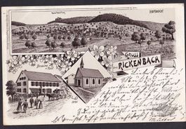 Rickenbach braune Lithografie mit Pension zur Post