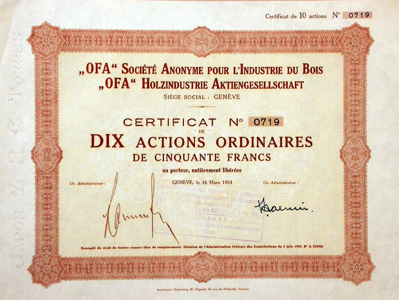 Documenti: OFA Holzindustrie-AG, Genève - 1934 – Usato da Solothurn venduto da Sgasche