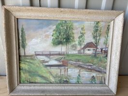 Peinture originale AV cadre ancien été paysage lac maison po