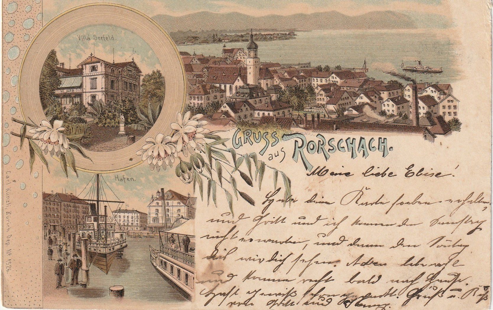 Ansichtskarten: Gruss aus Rorschach. Villa Seefeld, Hafen, 1899 – Gebraucht aus Bronschhofen von Astore