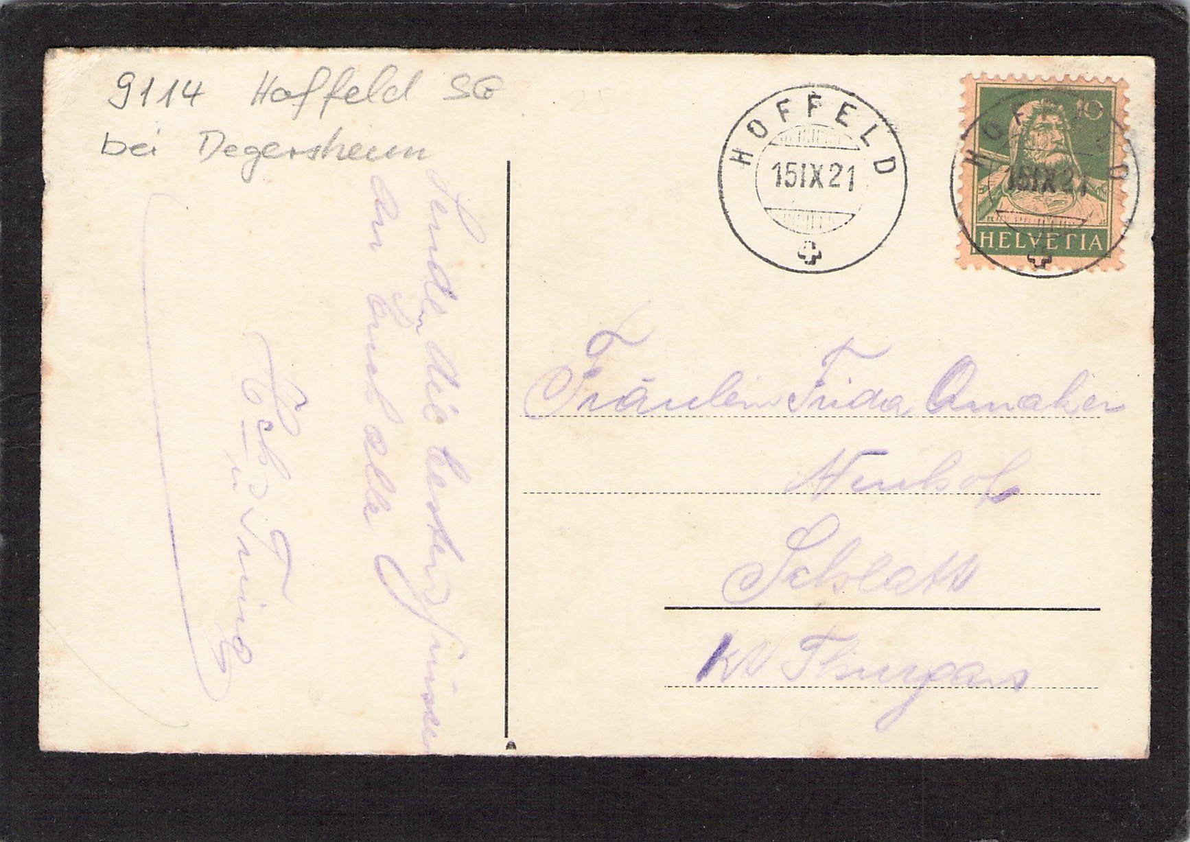 Cartoline postali: Hoffeld SG bei Degersheim , gel. 1921 – Usato da Reichenburg venduto da Pipo-67 1