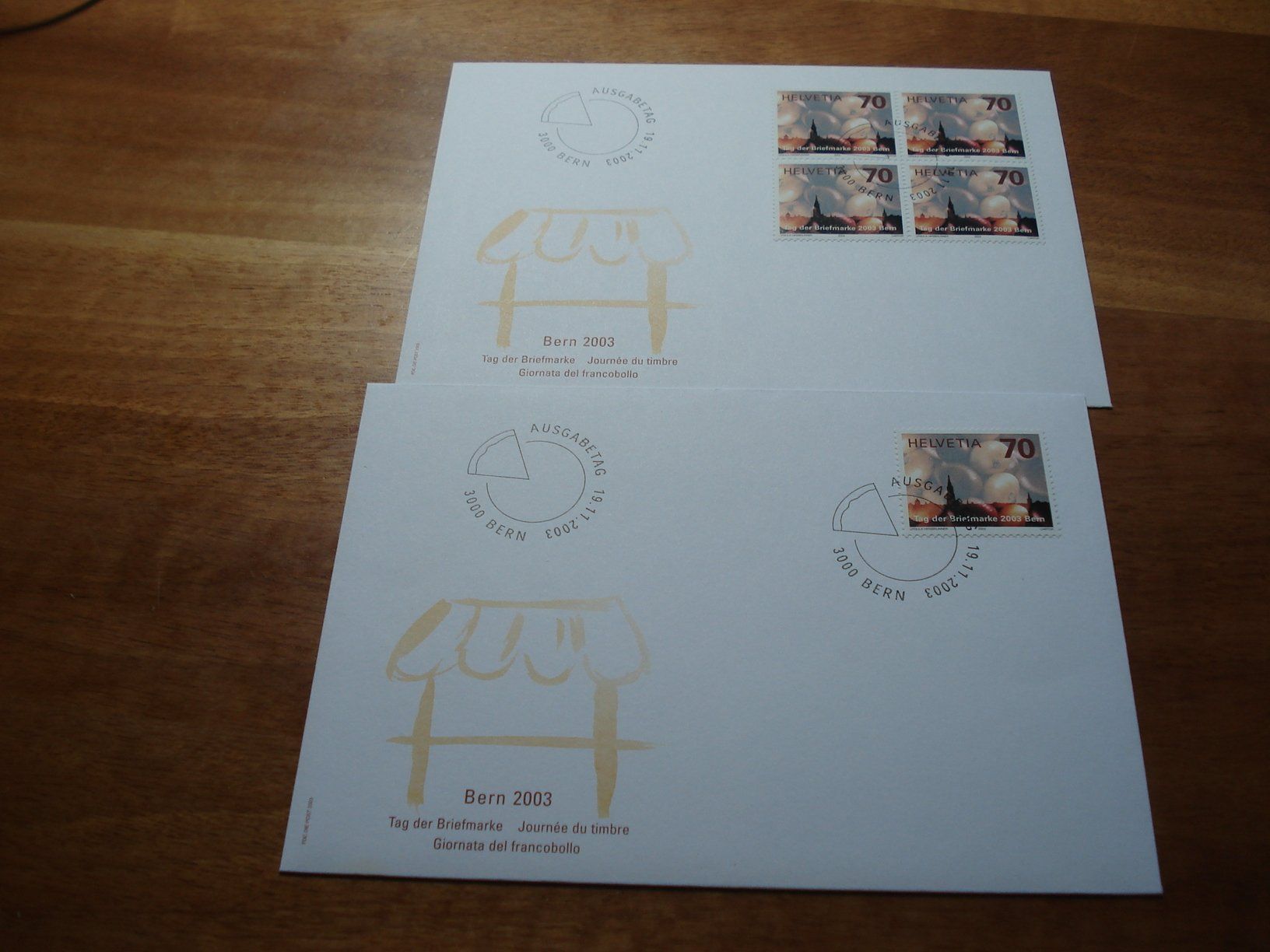 Alle Briefmarken: Zibbelemärit, Tag der Briefmarke 2003, FDC Einzel + 4erblock – Gebraucht aus Niederwil AG von morostahu 1