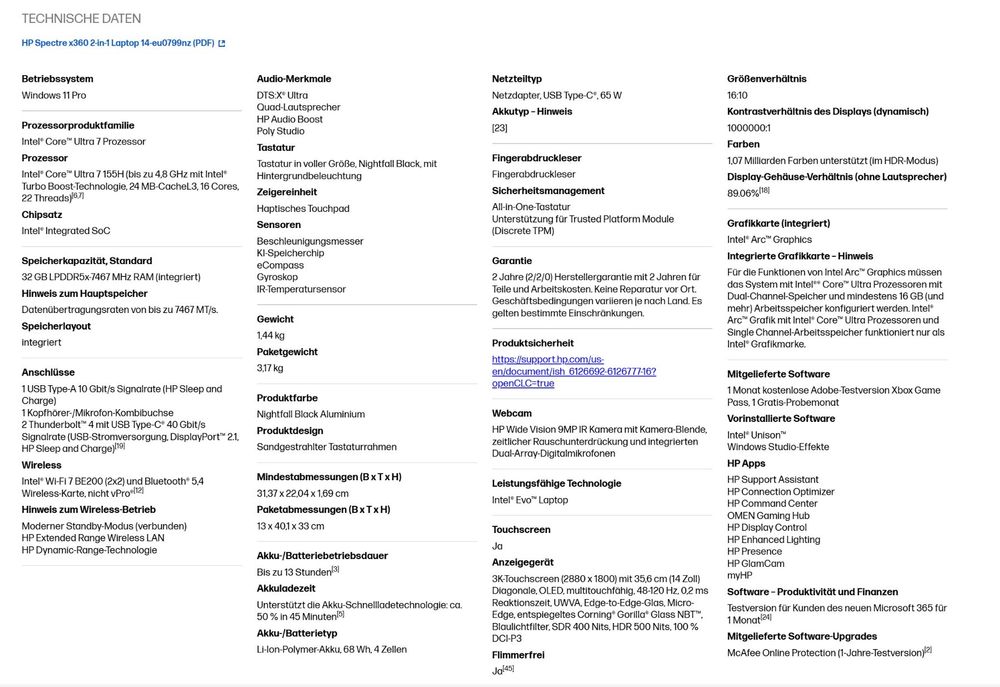 HP Spectre x360 2in1 Laptop 2024, Ultra 7, 32GB, 2TB, OLED Kaufen