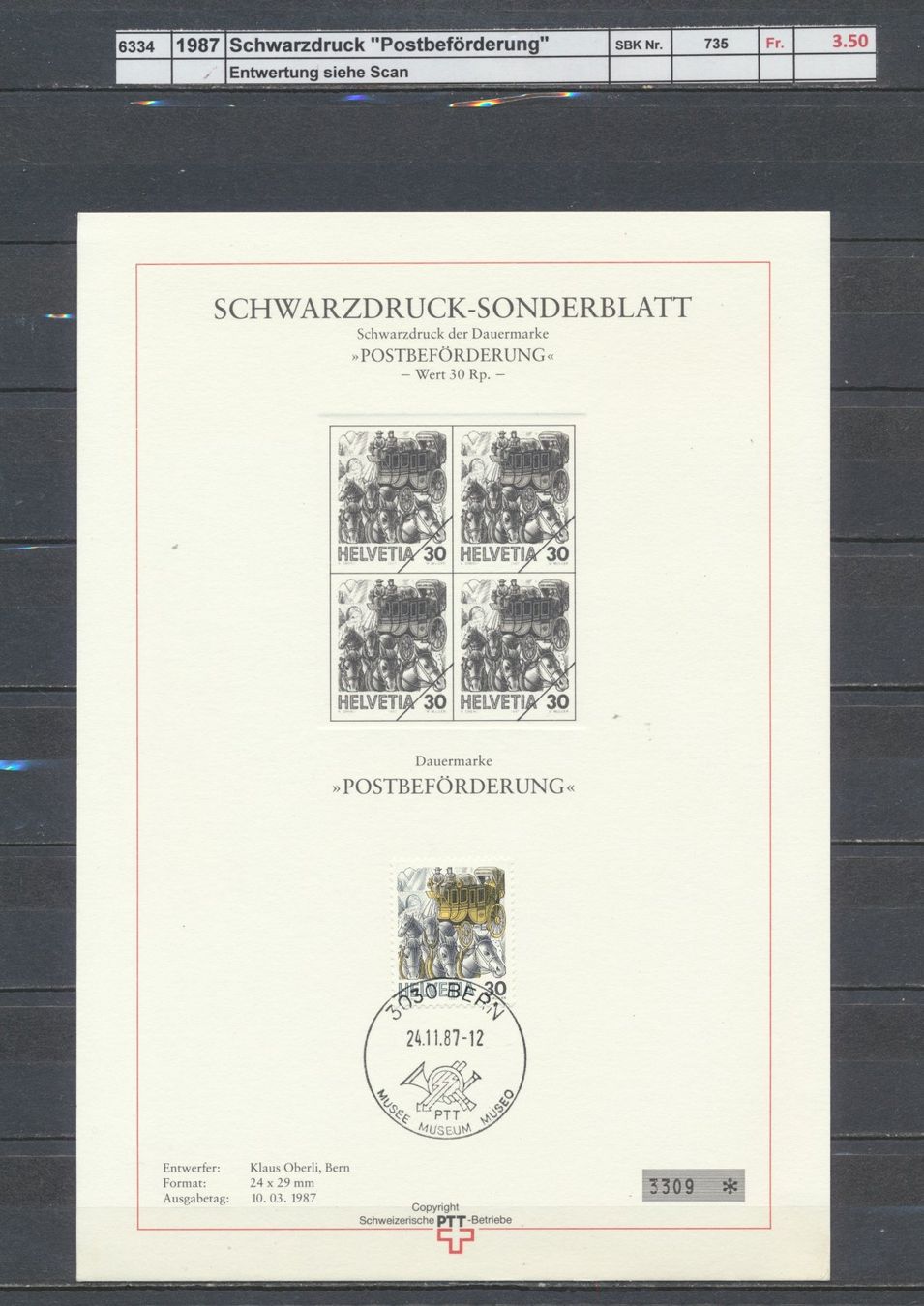 Tutti i francobolli: 1987 Schwarzdruck "Postbeförderung" – Usato da Winterthur venduto da Zupogeru