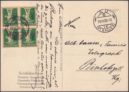 1930, Nr.181: Viererblock von AU auf Künstlerkarte, K: 200.-