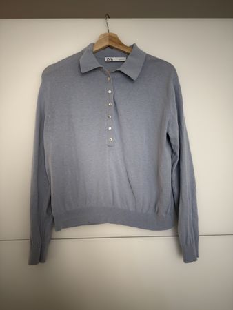Zara Light Blue Polo Sweater - Size M - Cotton & Silk Blend