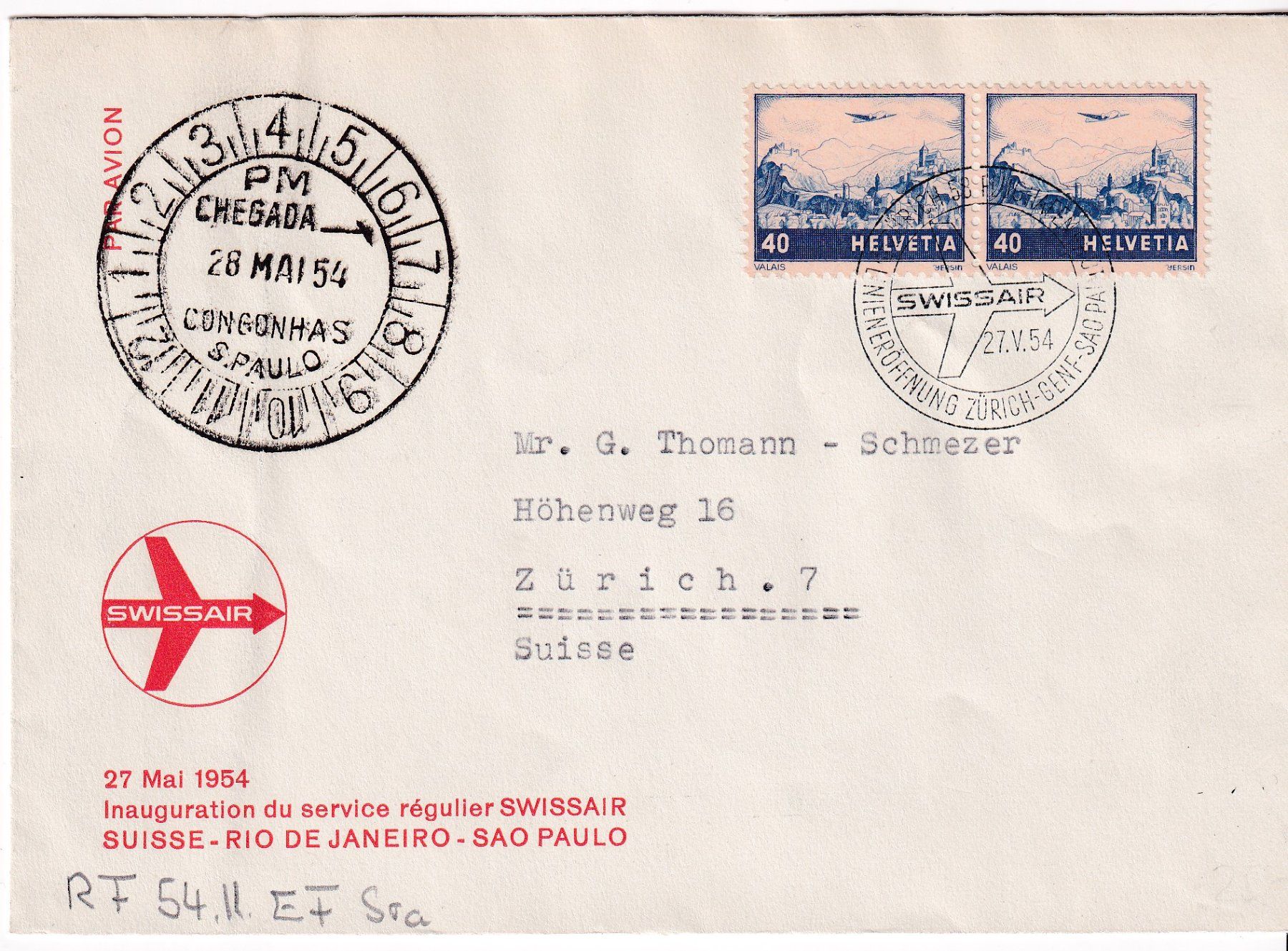 Tutti i francobolli: Swissair-Brief 27. Mai 1954 – Usato da Wenslingen venduto da riger11