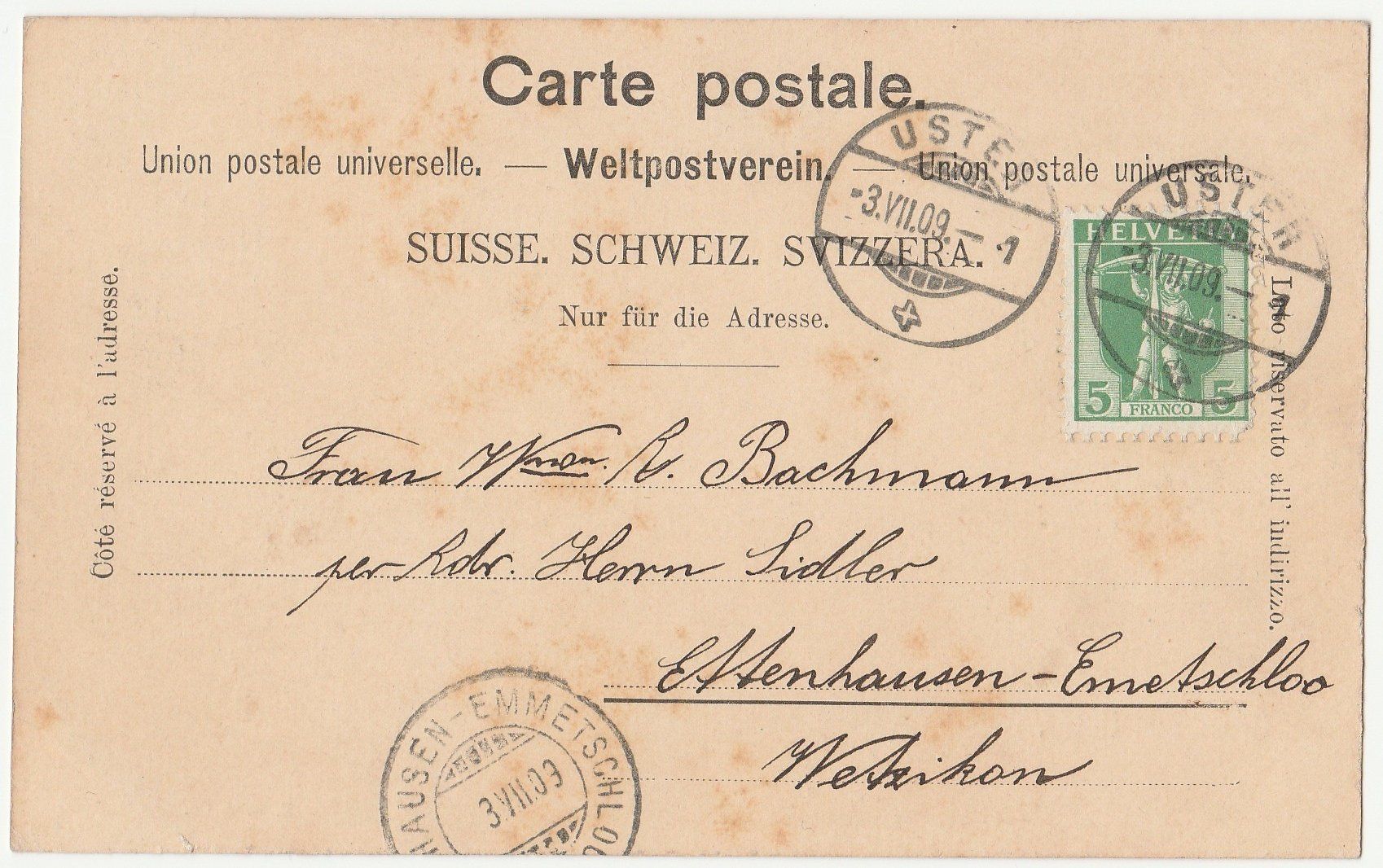 Cartoline postali: Uster - (1909) – Usato da Fällanden venduto da Blausegelfliege
