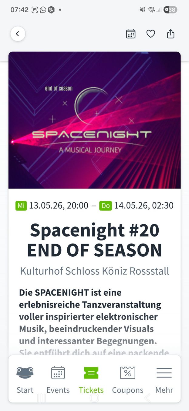 Biglietti: Spacenight Ticket, Franctone, 13.5. / 20h – Nuovo e nell'imballaggio originale da Bern venduto da Gian08