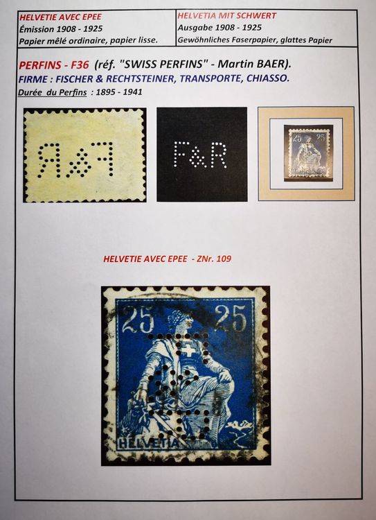 TR44 Timbre Swiss Perfins Oblitere (Gebraucht) in Cousset für CHF 0.75 ...