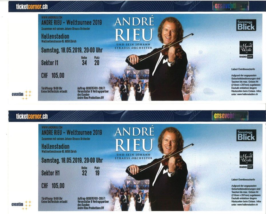 2 Ticket für Andre Rieu 18.5.2019 Zürich Kaufen auf Ricardo