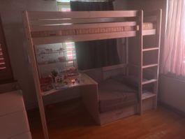 Hochbett mit Schreibtisch und Bettsofa für Kinder weiss