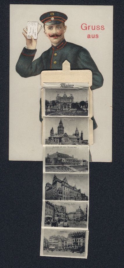 Cartoline postali: Leporello-AK Mainz, Briefträger mit Ans – Usato da Berlin venduto da bartko-reher