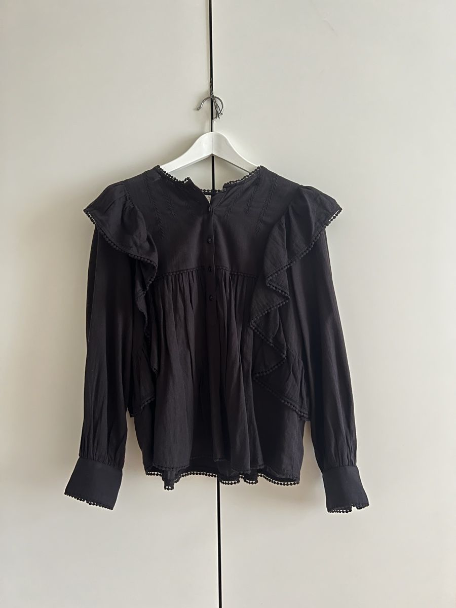 Mango Blusen: Baumwoll-Bluse, Broderie Anglais, schwarz – Gebraucht aus Luzern von Soeuv