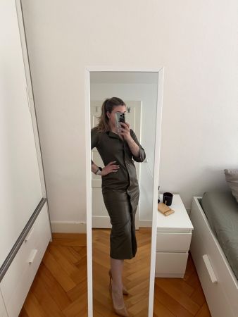 ZARA Faux Leather Midi Shirt Dress – Khaki Green – Size M