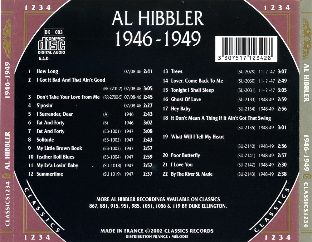 CD: Jazz-CD:  Al Hibbler 1946 - 1949  Classics) – Usato da Hochfelden venduto da mue_lhm9 2