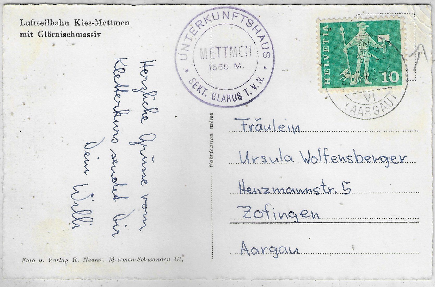 Cartoline postali: Luftseilbahn Kies-Mettmen mit Glärnischmassiv – Difettoso da Ettingen venduto da Kartenplanet 1