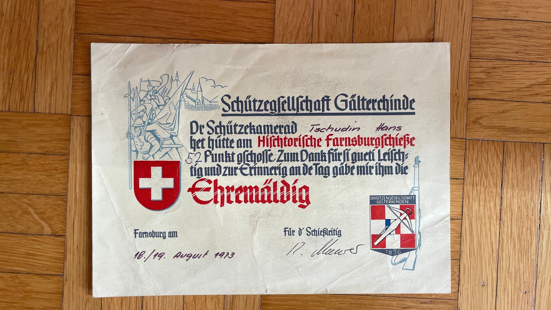 Dokumente: Schützengesellschaft Gälterchinde Ehrendiplom 1973 – Gebraucht aus Glattfelden von cybermaxx