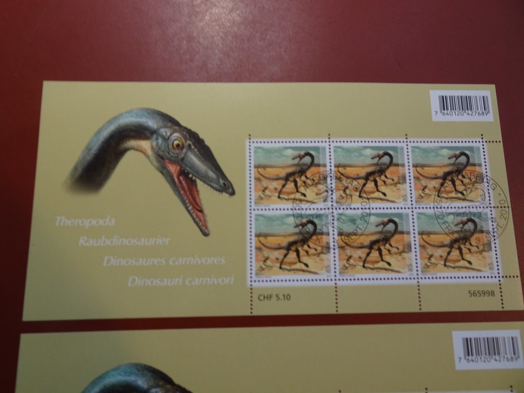 Alle Briefmarken: 2010, 2 KLEINBOGEN POSTFRISCH + AUSGABETAG DINOSAURIER – Neu (gemäss Beschreibung) aus Eschenbach SG von eDaisy 1