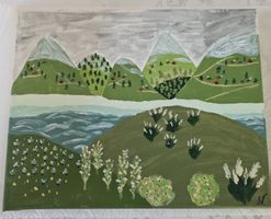 Peinture paysage gruyèrien montagne maison village arbre