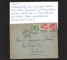 Abart: Bedarfsbrief Zug nach Italien , 7.8.1908