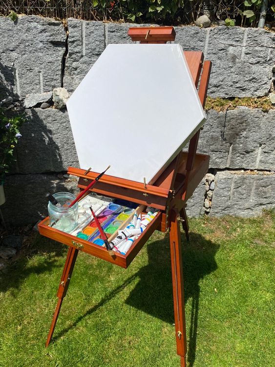 Tischstaffelei Aus Buchenholz – Klappbare Box, 36x27x8 Cm, Verstellbar 0-90°, Inkl. Tragegriff & Fächern