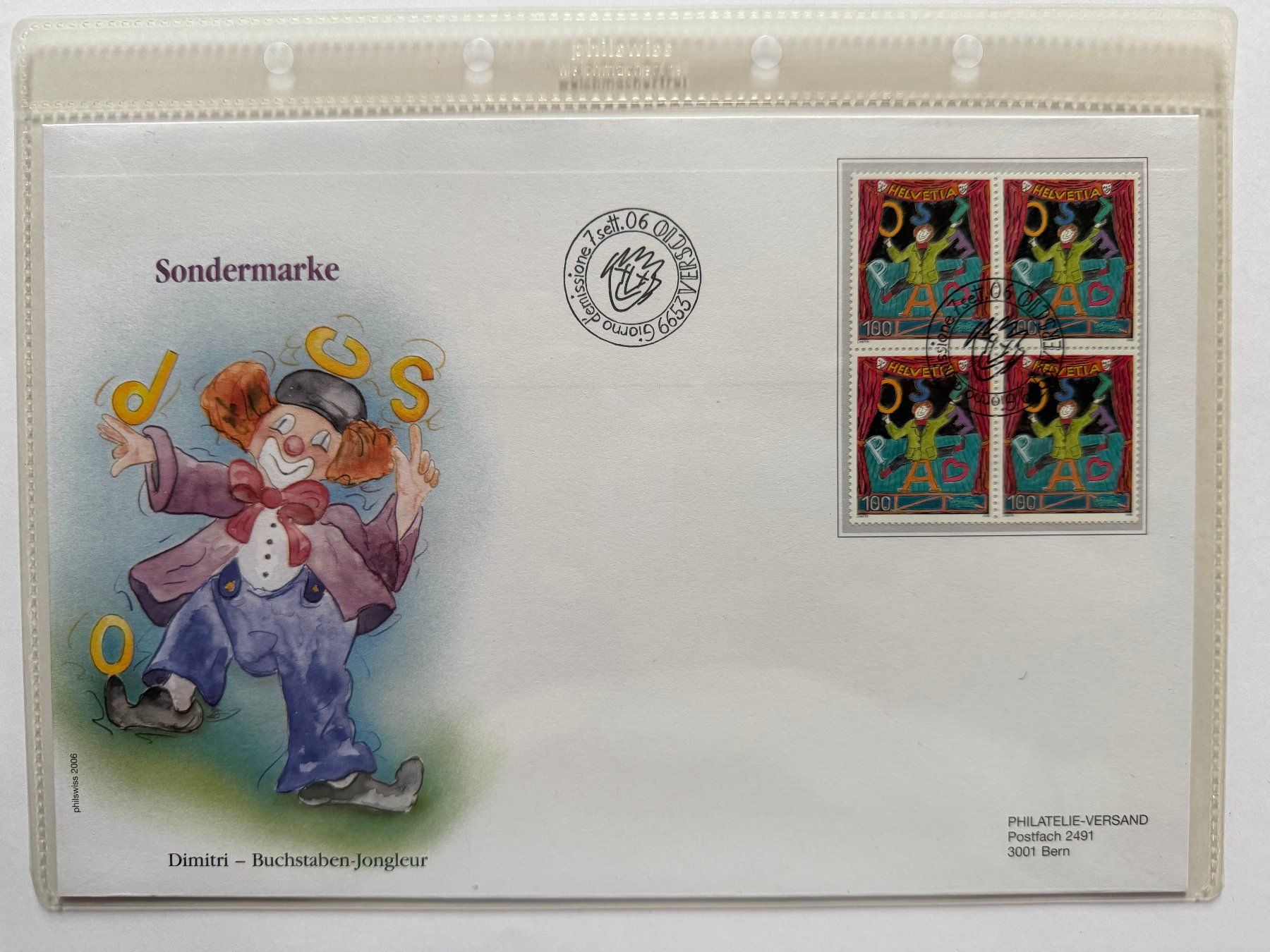 Alle Briefmarken: FDC Grossbrief Dimitri - Buchstaben-Jongleur 2006 ET – Neu (gemäss Beschreibung) aus Kirchenthurnen von Scherzengel