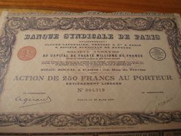 Alte Bankaktie Frankreich, 1927, Banque Syndicale de Paris