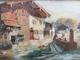 Gemälde. Joh. Steiner, ländliche Szene am Brunnen.