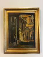 Altes Ölgemälde - Venezianischer Palasthof - Echtgold-Rahmen