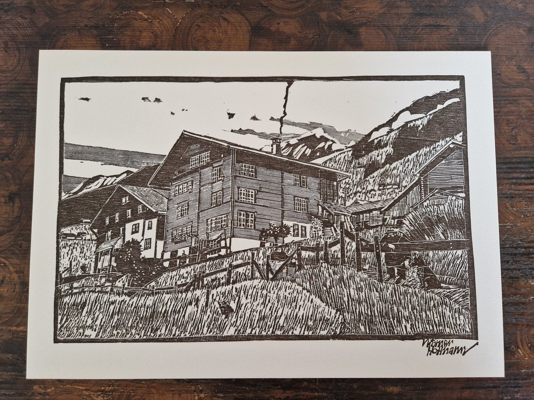 Xilografie: Original Holzschnitt - "Fritigenhäuser" im Glarnerland – Usato da Burgdorf venduto da gre_2ftz