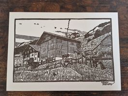 Original Holzschnitt - "Fritigenhäuser" im Glarnerland