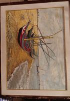 Quadro dipinto a mano con barche a vela, cornice legno,