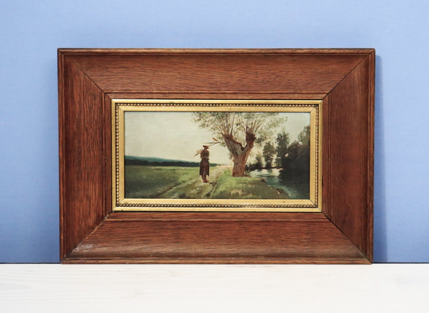 Dipinti: Kleines Ölgemälde, Landschaft, Bauer mit Rechen und Sense – Usato da Zug venduto da Kunst-Fundgrube 2