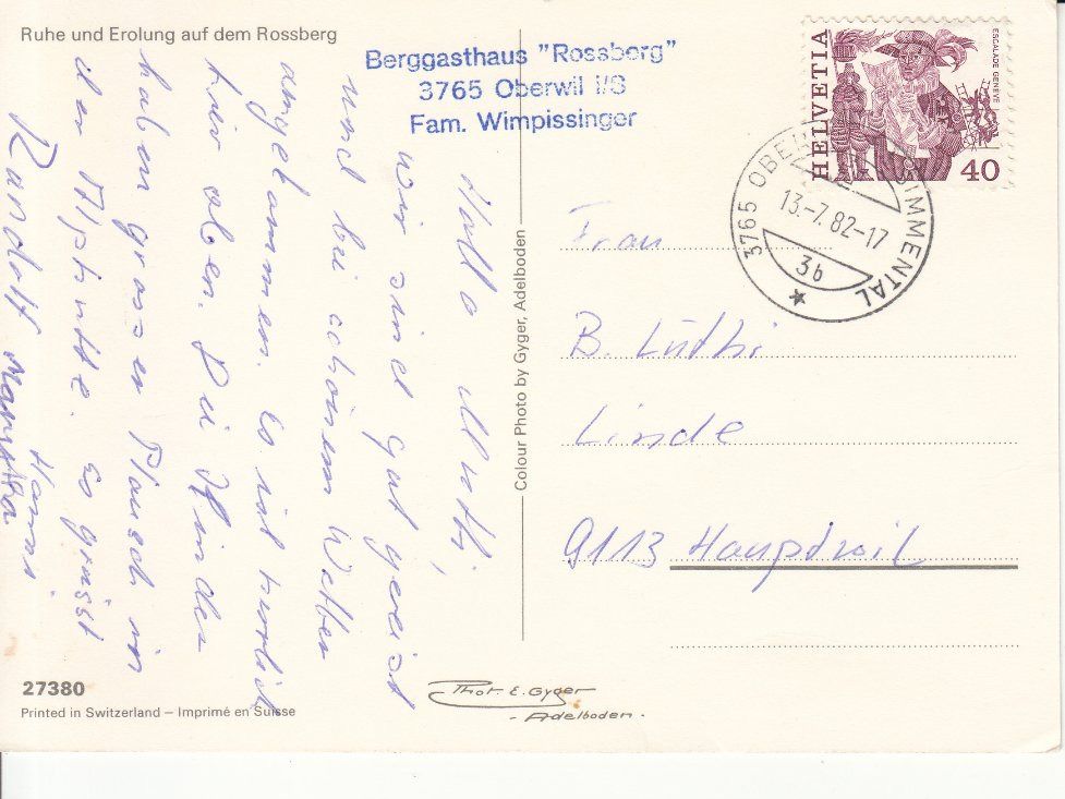 Cartoline postali: Oberwil Rossberg 1982 – Usato da Bürglen TG venduto da StampGraf 1