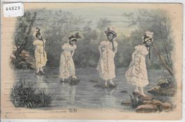 Jugendstil AK - Modische Damen beim Fluss überqueren - Femme