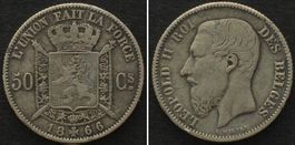 BELGIEN 50 Centimes 1866 LEOPOLD II. Silber SELTEN! ss+
