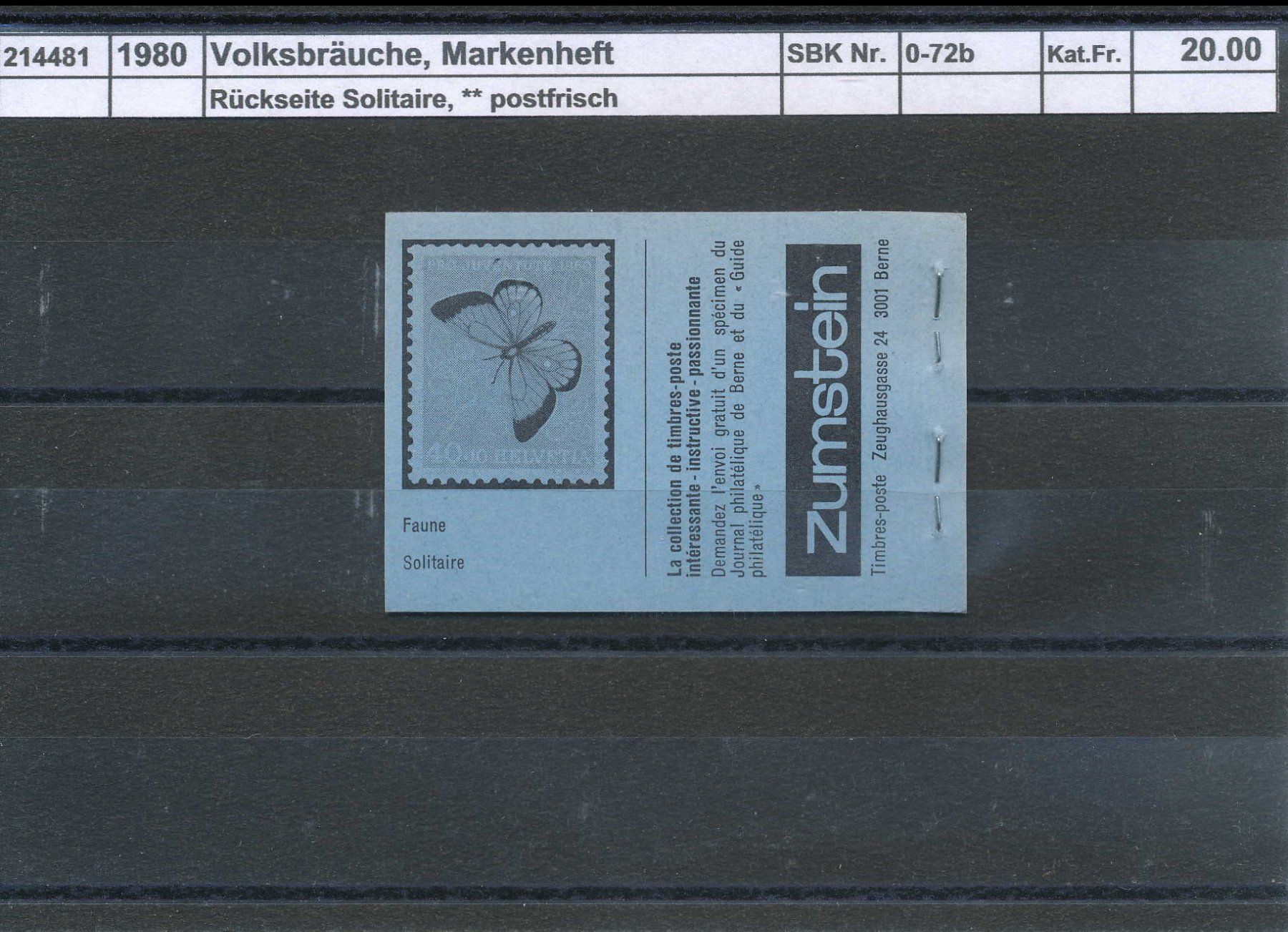 Tutti i francobolli: 1980 "Volksbräuche", "blau", Markenheftchen, ** postfrisch – Nuovo (secondo la descrizione) da Winterthur venduto da Zupogeru