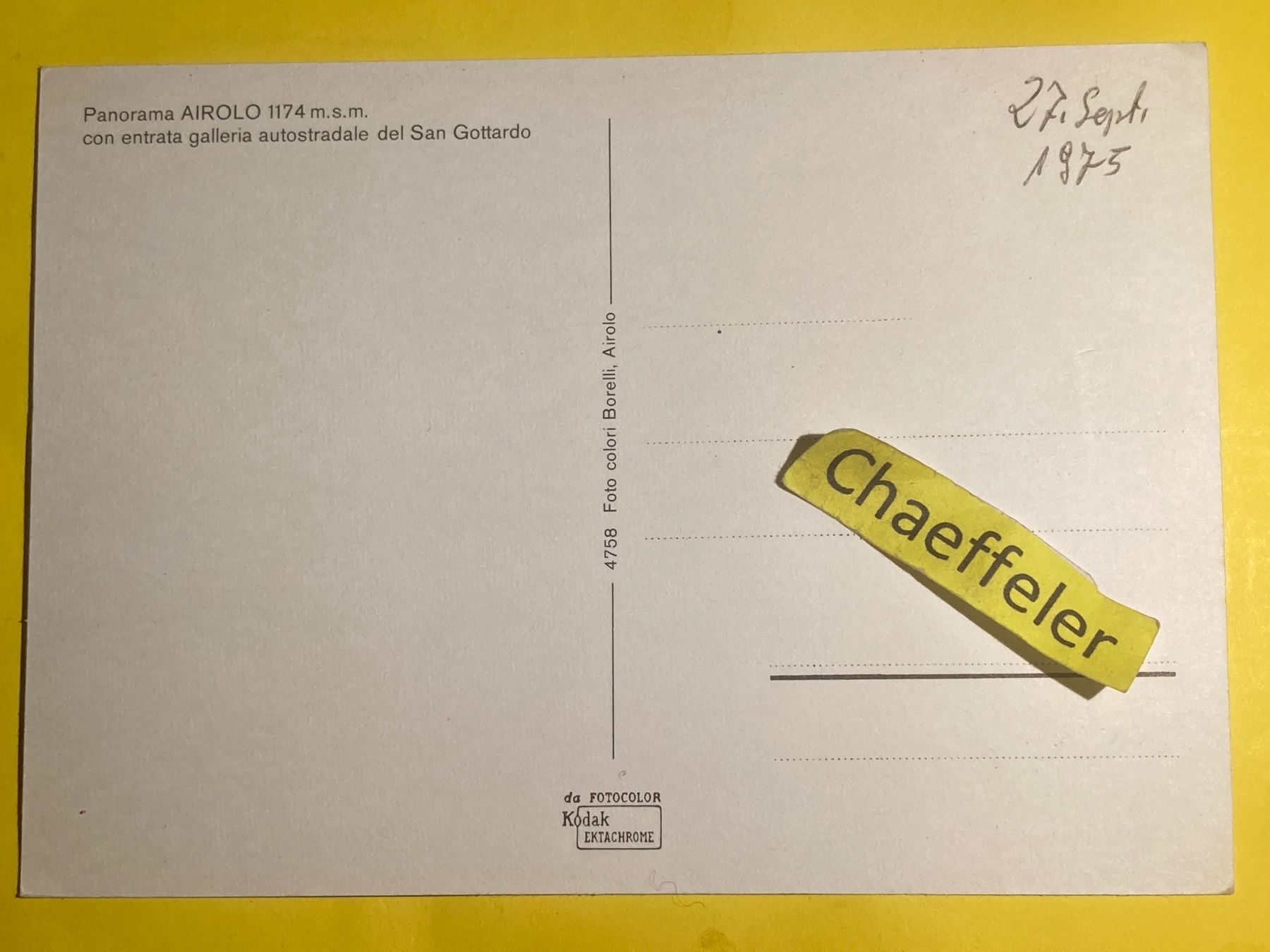 Cartoline postali: 1975 Panorama Airolo – Usato da Zürich venduto da Chaeffeler 1