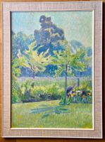 FT monogrammiert – Gartenlandschaft Gemälde gerahmt - ∫