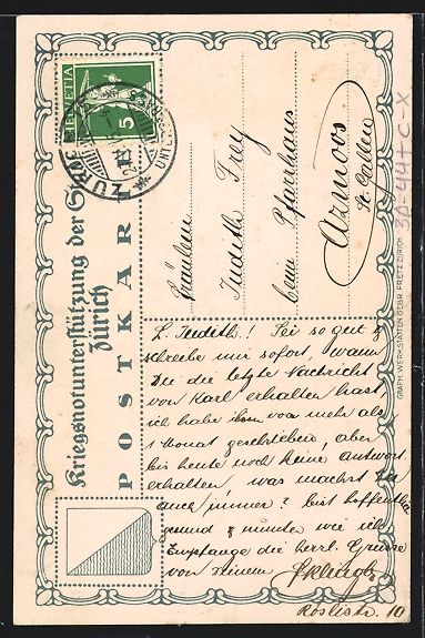 Cartoline postali: Zürich, Kriegsnot-Unterstützung, klein – Usato da Berlin venduto da bartko-reher 1