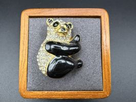 Vintage Panda Bär Brosche mit Strasssteinen, Defekt