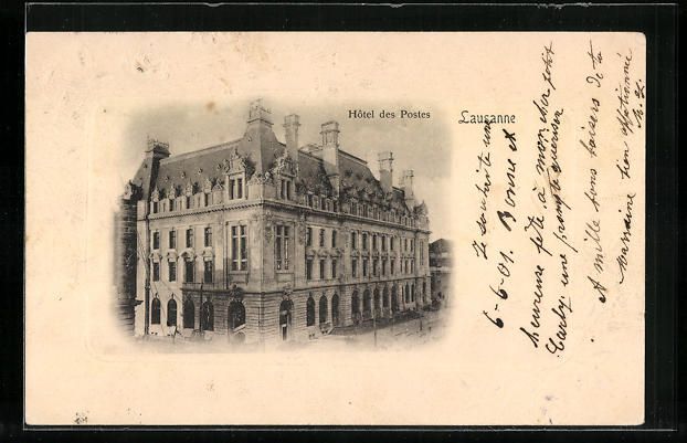 Cartoline postali: AK Lausanne, Hotel des Postes, 1901 – Usato da Berlin venduto da bartko-reher