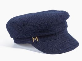 Marella Tweed Dächli Mütze blau mit Metall M goldfarben 58