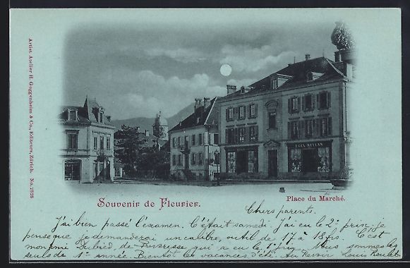 Cartoline postali: Mondschein-AK Fleurier, Place du March – Usato da Berlin venduto da bartko-reher