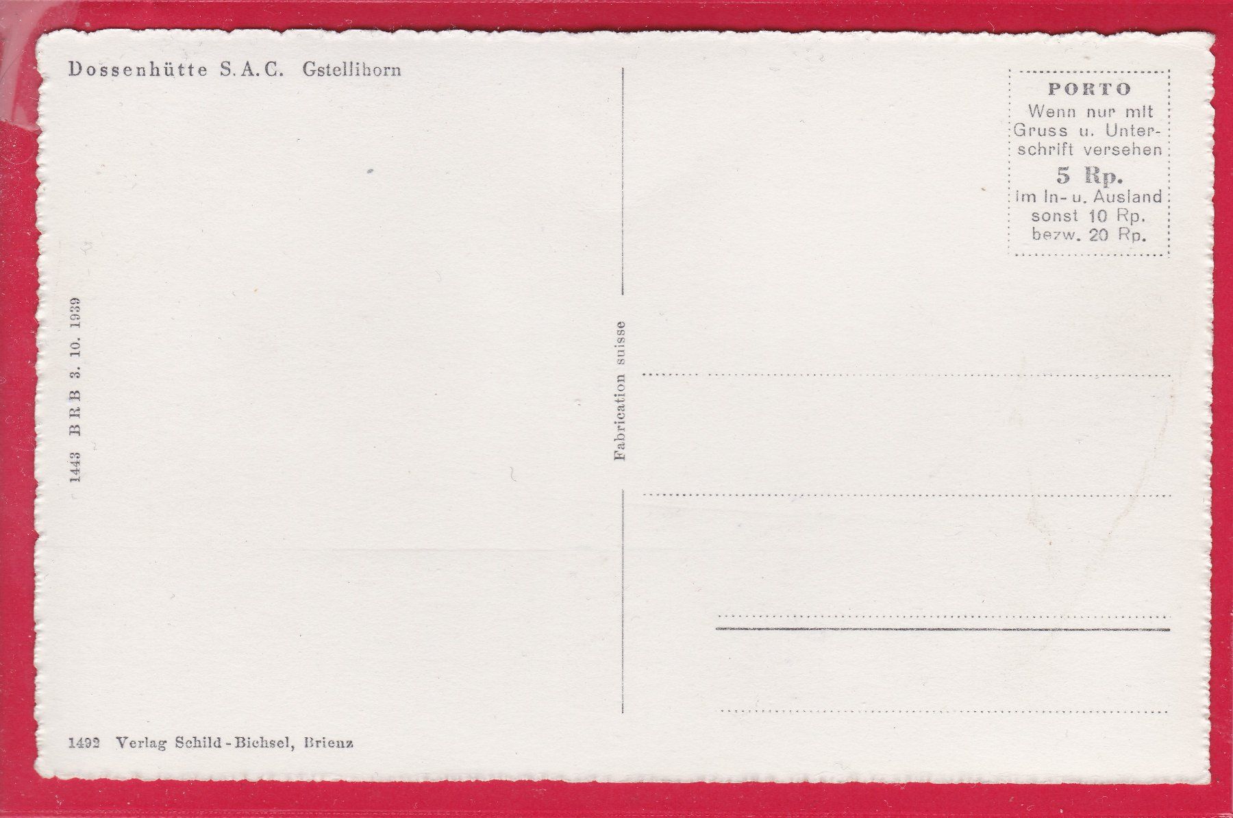 Cartoline postali: DOSSENHÜTTE S.A.C. GSTELLIHORN – Usato da Oberrieden venduto da Gebirgsstelze 1