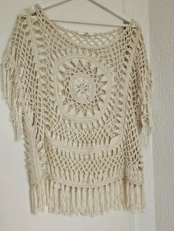 Gehäkelte Sommer Tunika mit Fransen, creme-weiss Gr.L