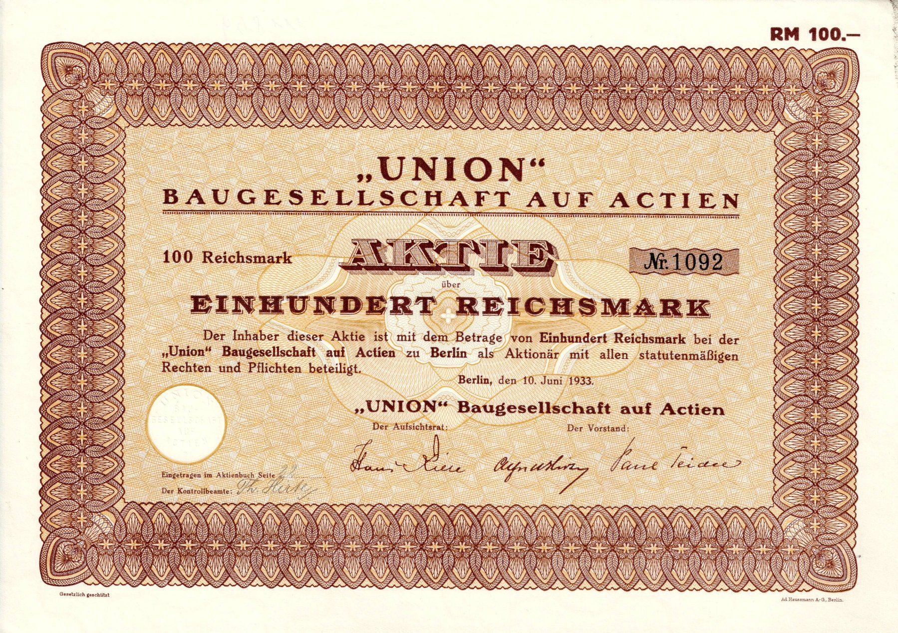 Dokumente: "UNION" Baugesellschaft auf Actien – Gebraucht aus Ittigen von hiwepa