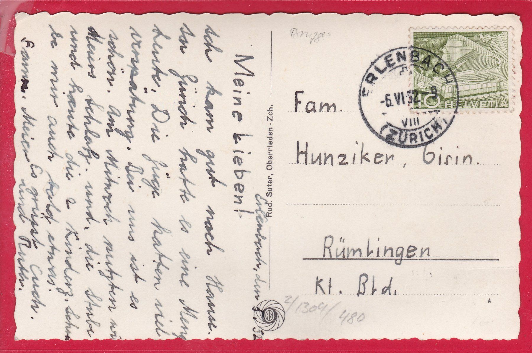 Cartoline postali: ERLENBACH (ZCH), 6.6.1952 – Usato da Oberrieden venduto da Gebirgsstelze 1