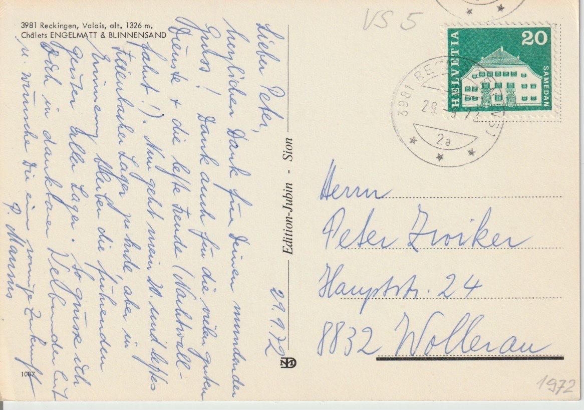 Cartoline postali: VS 5 Reckingen, Chalets ENGEMATT & BLINNENSAND, 1972 – Usato da Freienbach venduto da Bhaltis 1